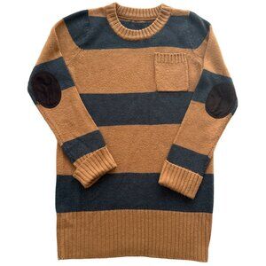 Grey and Tan bold stripe 2x2 ribbed bottom hem and sleeves with brown elbow patc